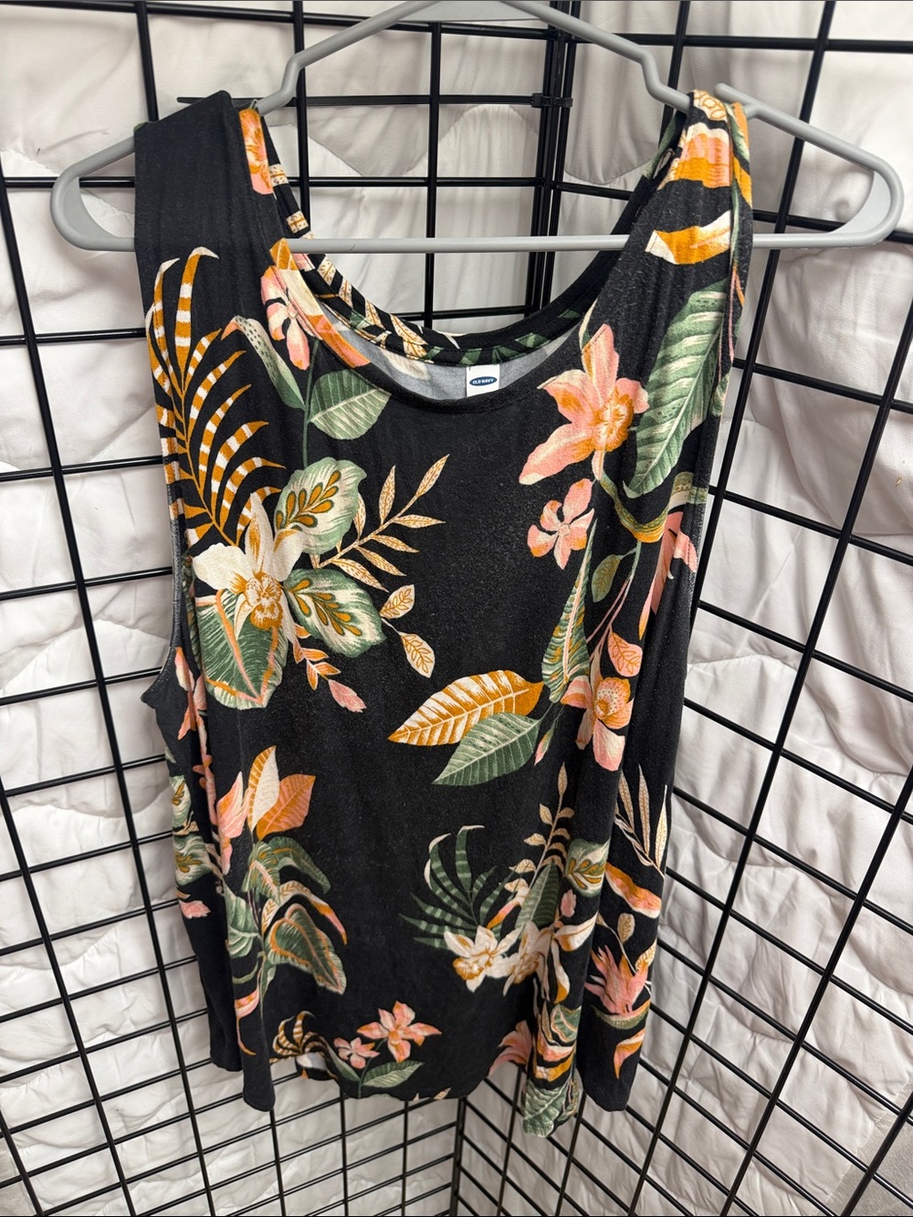 Old Navy Black Floral Tank Top with Green and Pink Leaves